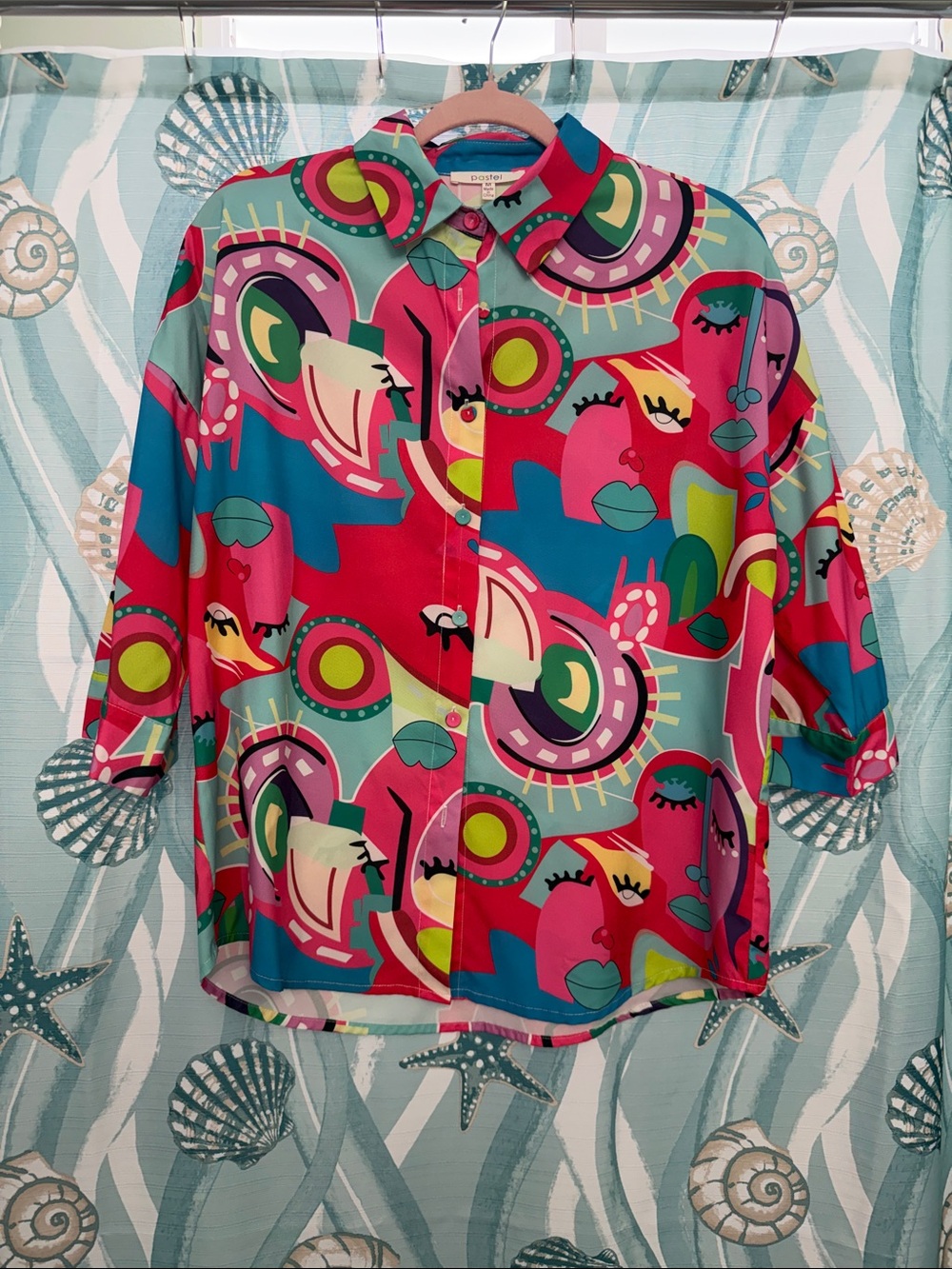 Pastels Bold Abstract Print Button-Up Top in Pink, Teal, Red
